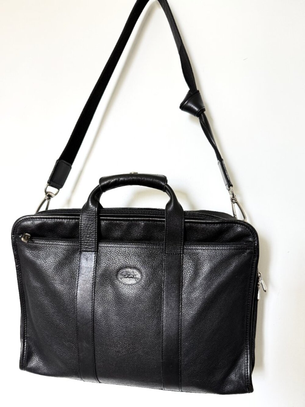 Longchamp Paris Laptop bag Black leather computer Case crossbody bag